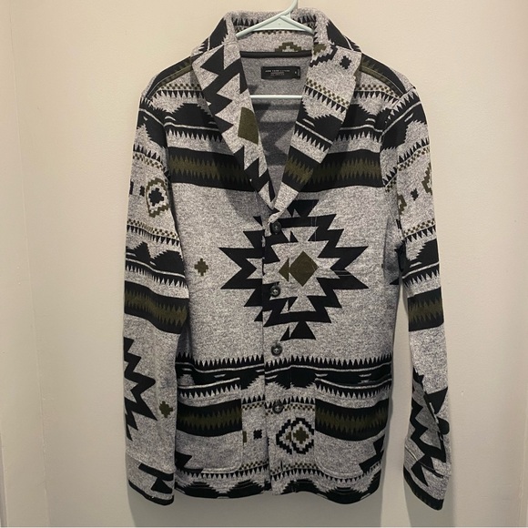 Junk Food Southwestern Print Sweater Knit Fleece Cardigan Men's M Black/Green - Picture 1 of 7